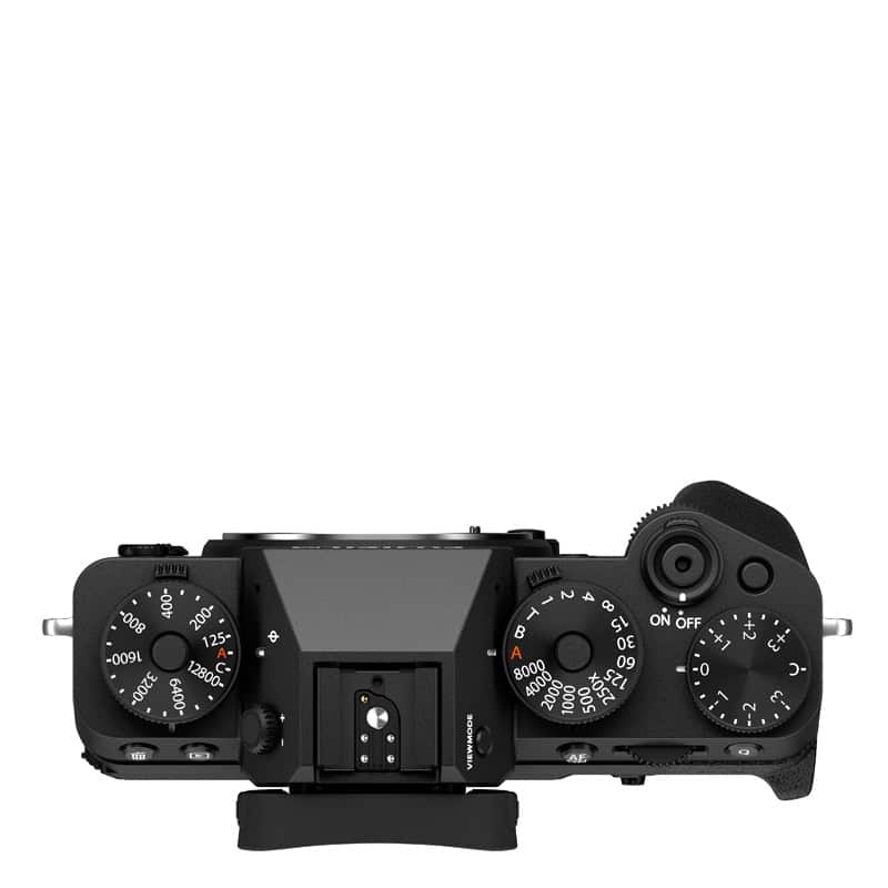 Schwarzes Fujifilm X-T5 Gehäuse mit Bedienelementen.