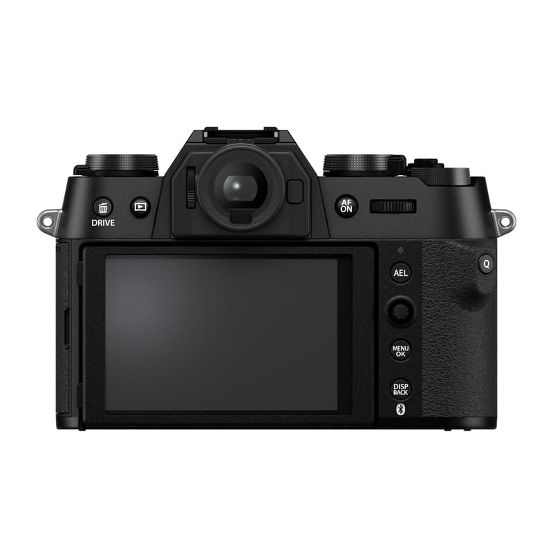 Fujifilm X-T50 Kamera mit 16-50mm Objektiv, schwarz, Rückansicht.